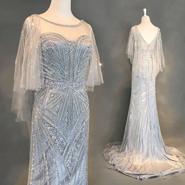 Luxe Ivoire Robe De Soirée 2018 Trompette / Sirène Perlage Perle Faux Diamant Paillettes Encolure Dégagée Dos Nu 3/4 Manches Train De Balayage Robe De Ceremonie