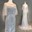 Luxe Ivoire Robe De Soirée 2018 Trompette / Sirène Perlage Perle Faux Diamant Paillettes Encolure Dégagée Dos Nu 3/4 Manches Train De Balayage Robe De Ceremonie