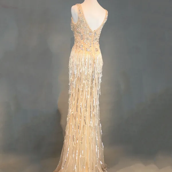 Luxury / Gorgeous Champagne Evening Dresses 2018 Trumpet / Mermaid Beading Tassel U-Neck Backless Sleeveless Floor-Length / Long Formal Dresses