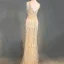 Luxury / Gorgeous Champagne Evening Dresses  2018 Trumpet / Mermaid Beading Tassel U-Neck Backless Sleeveless Floor-Length / Long Formal Dresses