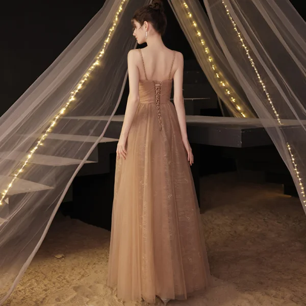 Modern / Fashion Champagne Beading Prom Dresses 2021 A-Line / Princess Spaghetti Straps Sleeveless Backless Floor-Length / Long Prom Formal Dresses