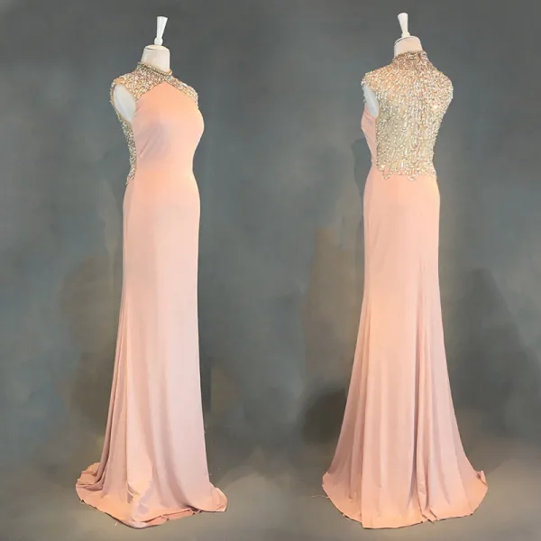 Luxury / Gorgeous Black Evening Dresses 2018 Trumpet / Mermaid Pierced Beading Crystal Rhinestone Sequins High Neck Sleeveless Floor-Length / Long Formal Dresses