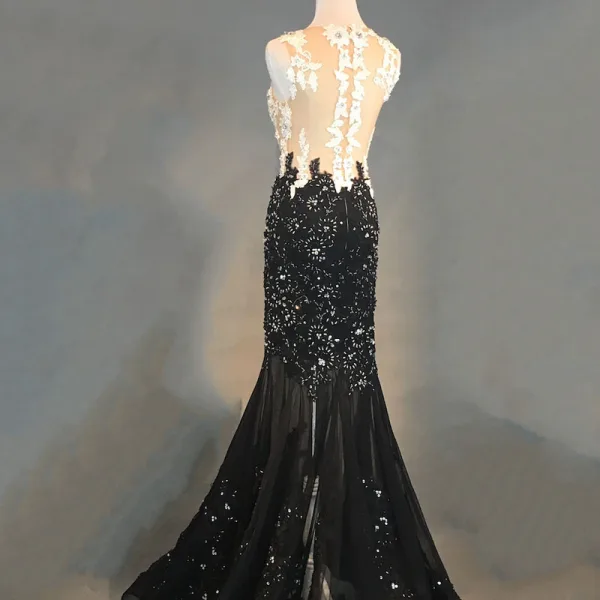 Luxury / Gorgeous Black Evening Dresses 2018 Trumpet / Mermaid Appliques Lace Beading Crystal Rhinestone Scoop Neck Sleeveless Floor-Length / Long Formal Dresses