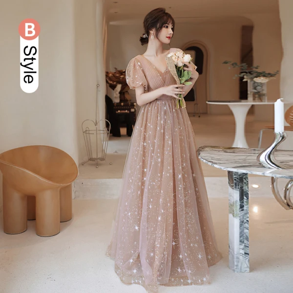 Fashion Champagne Bridesmaid Dresses 2021 A-Line / Princess Square Neckline Star Lace Sequins Bow Short Sleeve Backless Floor-Length / Long Bridesmaid Wedding Party Dresses