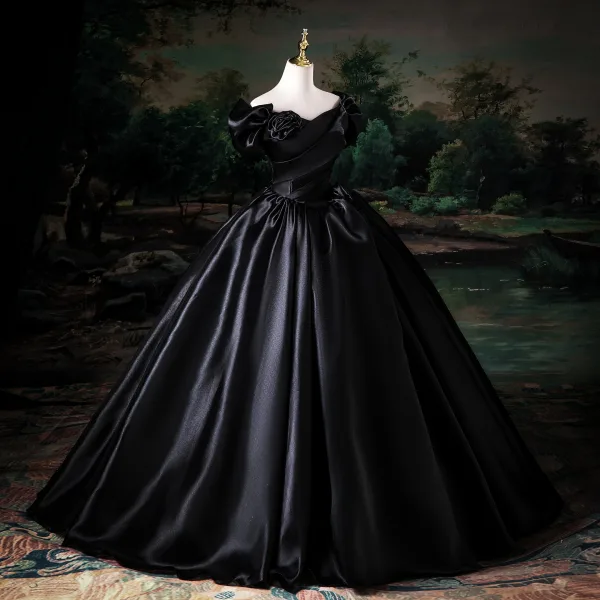 Vintage / Retro Black Prom Dresses 2025 Ball Gown Off-The-Shoulder Short Sleeve Backless Floor-Length / Long Prom Formal Dresses