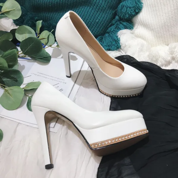Chic / Beautiful White Evening Party Rhinestone Pumps 2021 Leather 12 cm Stiletto Heels Waterproof Pointed Toe Pumps High Heels