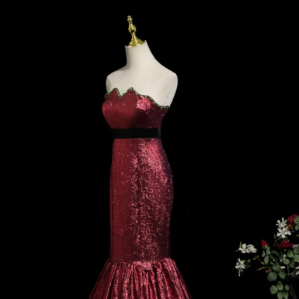 Sexy Burgundy Glitter Prom Dresses 2025 Trumpet / Mermaid Strapless Sleeveless Backless Floor-Length / Long Evening Party Formal Dresses