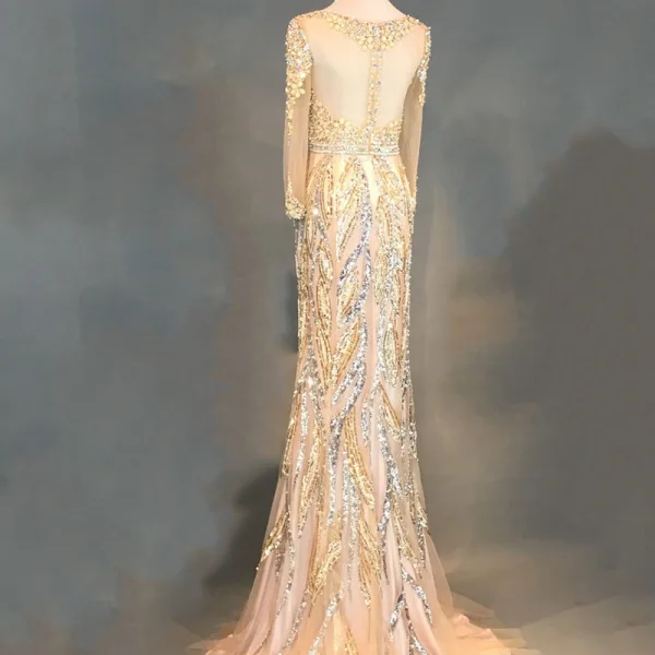 Luxury / Gorgeous Champagne Evening Dresses 2018 Trumpet / Mermaid Beading Crystal Pearl Rhinestone Sequins Scoop Neck Long Sleeve Sweep Train Formal Dresses