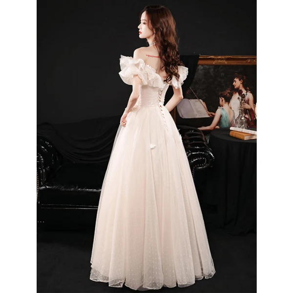 Modern / Fashion Champagne Lace Butterfly Prom Dresses 2021 A-Line / Princess Off-The-Shoulder Puffy Short Sleeve Backless Floor-Length / Long Prom Formal Dresses