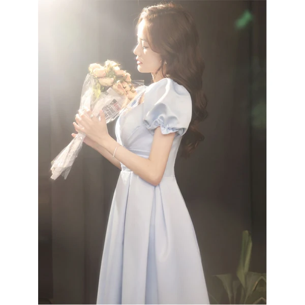 Vintage / Retro Sky Blue Prom Dresses 2021 A-Line / Princess Square Neckline Puffy Short Sleeve Backless Floor-Length / Long Prom Formal Dresses