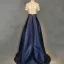 Chic / Belle Bleu Marine Robe De Soirée 2018 Princesse Ceinture Fait main Perlage Cristal Faux Diamant Paillettes Col Haut 1/2 Manches Train De Balayage Robe De Ceremonie