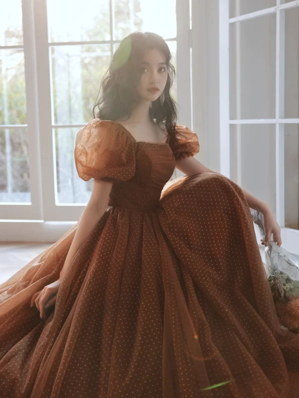 Vintage Retro Brown Spotted Prom Dresses 2021 A-Line Princess Square Neckline Puffy Long Vintage Retro Brown Spotted Prom Dresses 2021 A-Line Princess Square Neckline Puffy Long