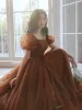 Vintage / Retro Brown Spotted Prom Dresses 2021 A-Line / Princess Square Neckline Puffy Short Sleeve Backless Floor-Length / Long Prom Formal Dresses