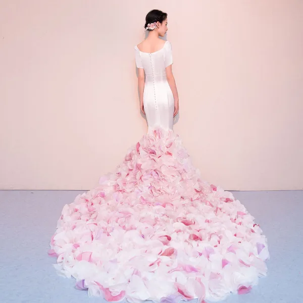 Elegante Ivory / Creme Brautkleider 2018 Mermaid Blumen Schleife Eckiger Ausschnitt Rückenfreies Kurze Ärmel Kapelle-Schleppe Hochzeit