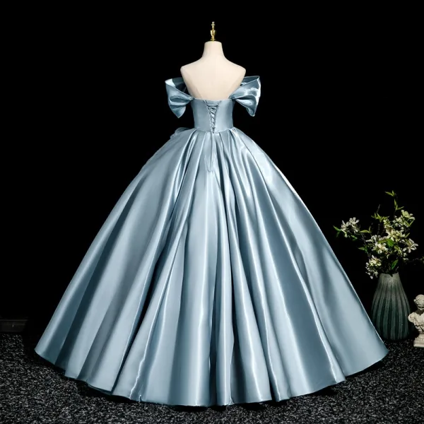 Elegant Pool Blue Satin Prom Dresses 2025 Ball Gown Off-The-Shoulder Short Sleeve Backless Floor-Length / Long Formal Dresses