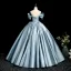 Elegant Pool Blue Satin Prom Dresses 2025 Ball Gown Off-The-Shoulder Short Sleeve Backless Floor-Length / Long Formal Dresses