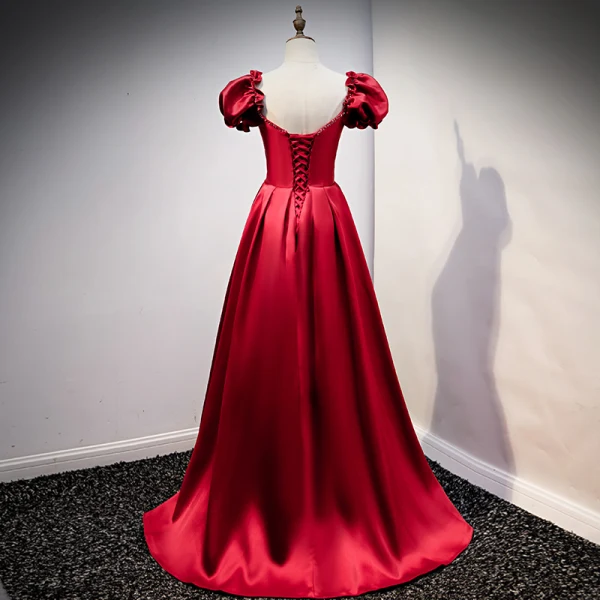 Vintage / Retro Burgundy Satin Prom Dresses 2021 A-Line / Princess Rhinestone Square Neckline Cap Sleeves Backless Floor-Length / Long Formal Dresses