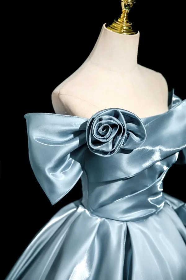 Elegant Pool Blue Satin Prom Dresses 2025 Ball Gown Off-The-Shoulder Short Sleeve Backless Floor-Length / Long Formal Dresses