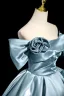 Elegant Pool Blue Satin Prom Dresses 2025 Ball Gown Off-The-Shoulder Short Sleeve Backless Floor-Length / Long Formal Dresses