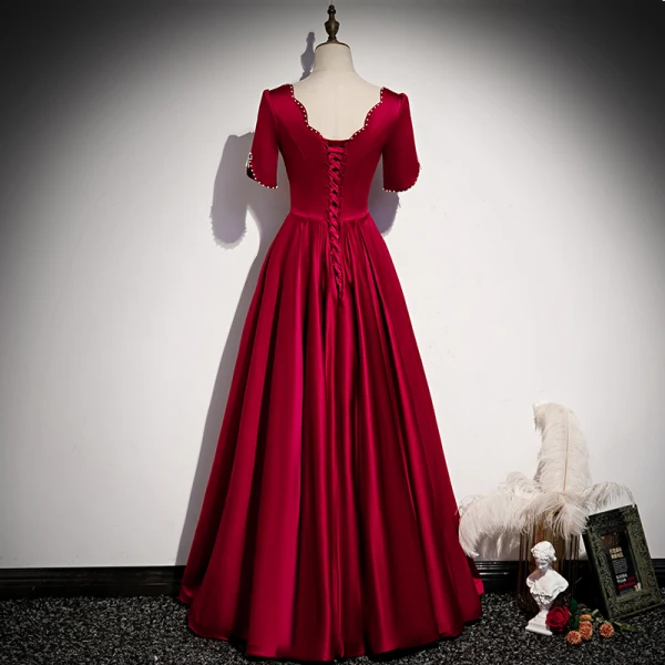 Vintage / Retro Burgundy Satin Prom Dresses 2021 A-Line / Princess Pearl Square Neckline Short Sleeve Backless Floor-Length / Long Prom Formal Dresses