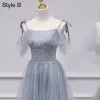 Modest / Simple Sky Blue Bridesmaid Dresses 2021 A-Line / Princess Short Sleeve Backless Beading Pearl Floor-Length / Long Bridesmaid Wedding Party Dresses