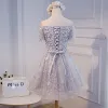Chic / Beautiful Grey Homecoming Graduation Dresses 2018 A-Line / Princess Appliques Lace Bow Off-The-Shoulder Backless Short Sleeve Short Formal Dresses
