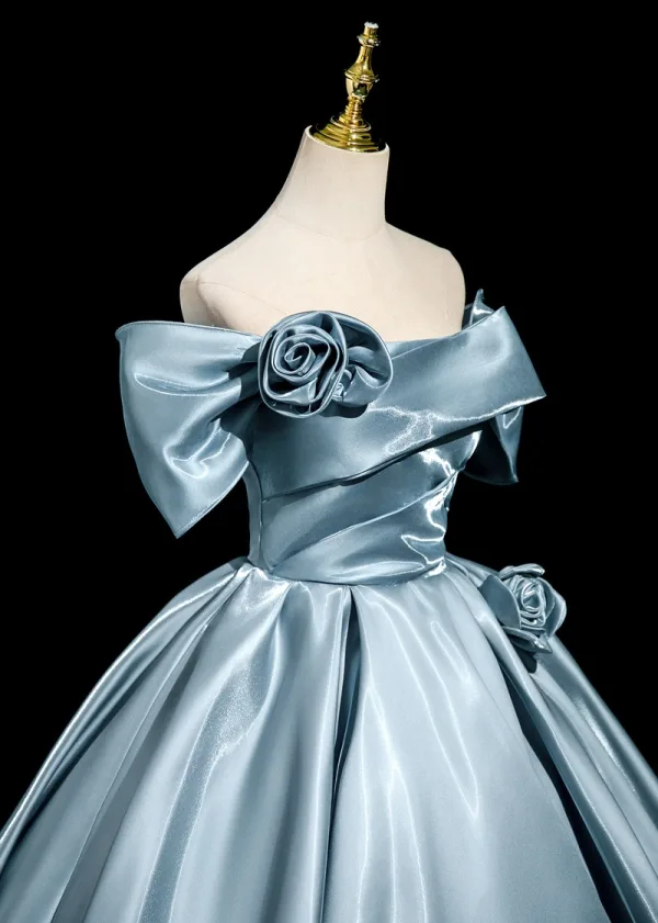 Elegant Pool Blue Satin Prom Dresses 2025 Ball Gown Off-The-Shoulder Short Sleeve Backless Floor-Length / Long Formal Dresses