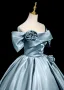Elegant Pool Blue Satin Prom Dresses 2025 Ball Gown Off-The-Shoulder Short Sleeve Backless Floor-Length / Long Formal Dresses