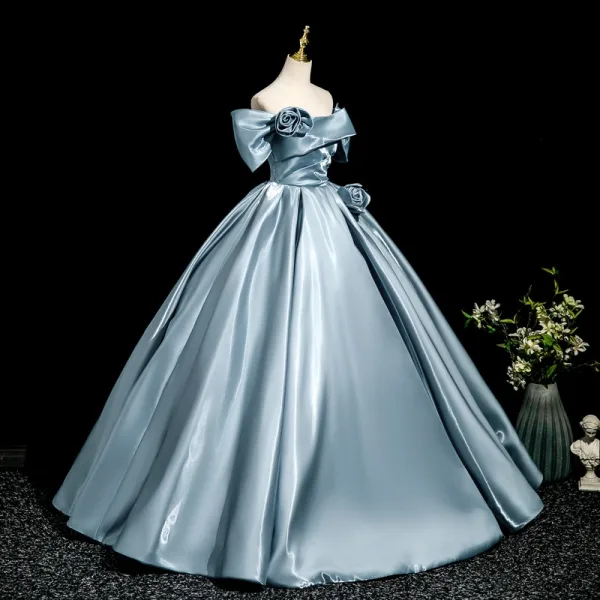 Elegant Pool Blue Satin Prom Dresses 2025 Ball Gown Off-The-Shoulder Short Sleeve Backless Floor-Length / Long Formal Dresses