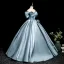 Elegant Pool Blue Satin Prom Dresses 2025 Ball Gown Off-The-Shoulder Short Sleeve Backless Floor-Length / Long Formal Dresses
