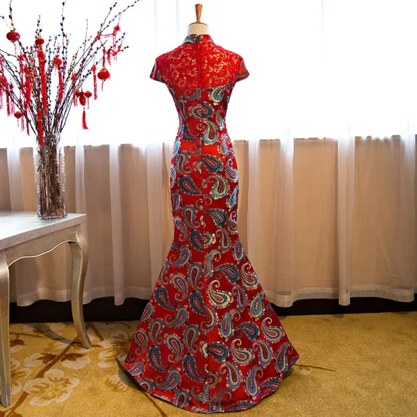Chinese style Red Evening Dresses 2018 Trumpet / Mermaid Lace Embroidered Sequins Flower High Neck Short Sleeve Floor-Length / Long Formal Dresses