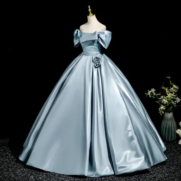Elegant Pool Blue Satin Prom Dresses 2025 Ball Gown Off-The-Shoulder Short Sleeve Backless Floor-Length / Long Formal Dresses