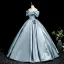 Elegant Pool Blue Satin Prom Dresses 2025 Ball Gown Off-The-Shoulder Short Sleeve Backless Floor-Length / Long Formal Dresses