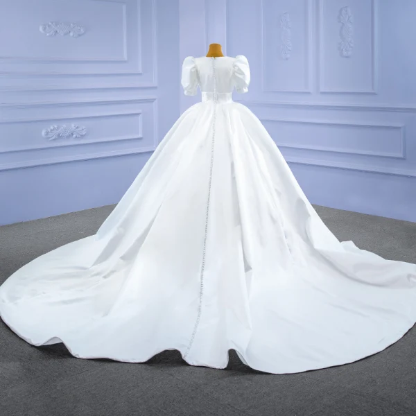 Victorian Style Vintage / Retro Ivory Satin Wedding Dresses 2021 Ball Gown V-Neck Puffy Short Sleeve Royal Train Wedding