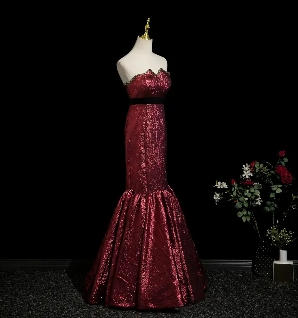 Sexy Burgundy Glitter Prom Dresses 2025 Trumpet / Mermaid Strapless Sleeveless Backless Floor-Length / Long Evening Party Formal Dresses