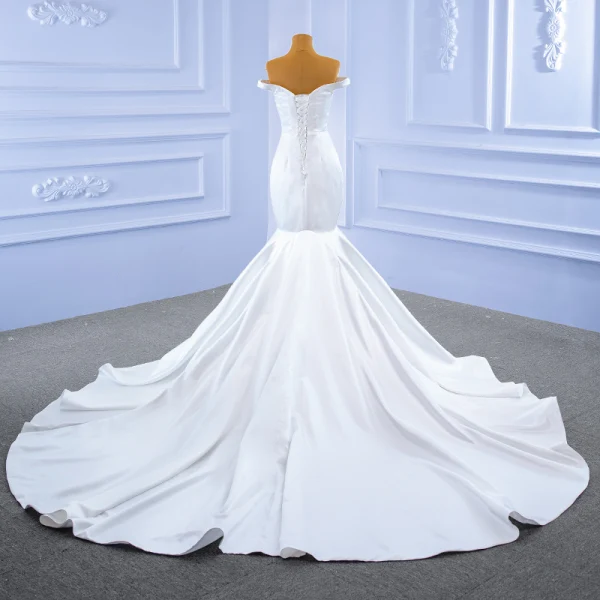 Vintage / Retro Ivory Satin Wedding Dresses 2021 Trumpet / Mermaid Off-The-Shoulder Sleeveless Backless Royal Train Wedding