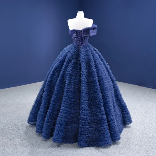 Vintage / Retro Navy Blue Ruffle Prom Dresses 2021 Ball Gown Off-The-Shoulder Sleeveless Backless Floor-Length / Long Prom Formal Dresses