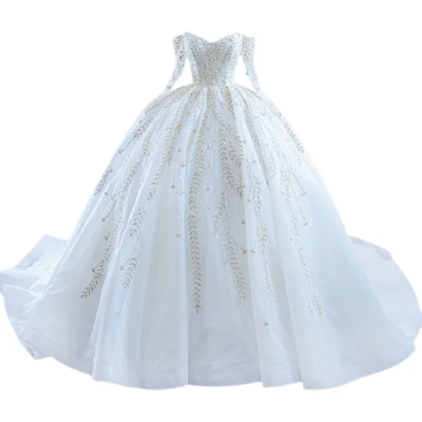High-end White Wedding Dresses 2021 Ball Gown Off-The-Shoulder Beading Sequins Lace Flower Long Sleeve Backless Royal Train Wedding