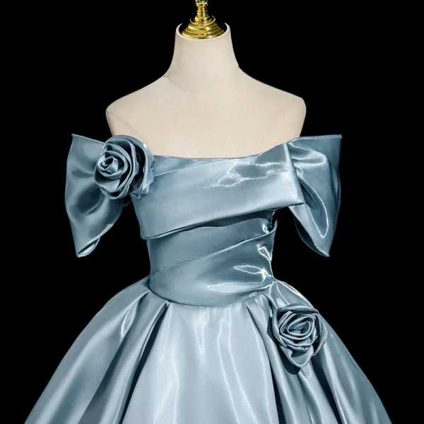 Elegant Pool Blue Satin Prom Dresses 2025 Ball Gown Off-The-Shoulder Short Sleeve Backless Floor-Length / Long Formal Dresses