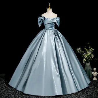 Élégant Bleu Satin Robe De Bal 2025 Robe Boule De L Épaule Manches Courtes Dos Nu Longue Robe De Ceremonie