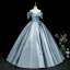Elegant Pool Blue Satin Prom Dresses 2025 Ball Gown Off-The-Shoulder Short Sleeve Backless Floor-Length / Long Formal Dresses