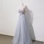 Chic / Beautiful Silver Evening Dresses  2018 A-Line / Princess Lace Flower Appliques Bow Scoop Neck Backless Short Sleeve Floor-Length / Long Formal Dresses
