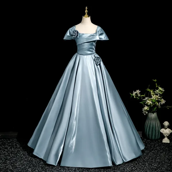Elegant Pool Blue Satin Prom Dresses 2025 Ball Gown Off-The-Shoulder Short Sleeve Backless Floor-Length / Long Formal Dresses