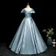 Elegant Pool Blue Satin Prom Dresses 2025 Ball Gown Off-The-Shoulder Short Sleeve Backless Floor-Length / Long Formal Dresses