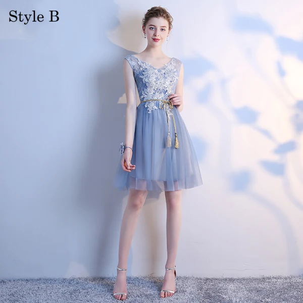 Chic / Beautiful Summer Sky Blue Bridesmaid Dresses 2018 A-Line / Princess Appliques Lace Bow Backless Short Wedding Party Dresses