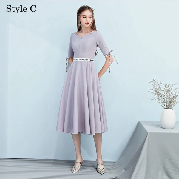 Simple Gris Robe Demoiselle D'honneur 2018 Princesse Sans Manches Dos Nu Thé Longueur Robe Pour Mariage