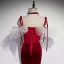 Charming Burgundy Pearl Suede Split Front Evening Dresses  2021 Trumpet / Mermaid Spaghetti Straps Sleeveless Backless Evening Party Floor-Length / Long Formal Dresses