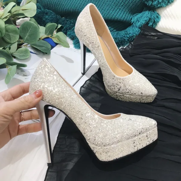 Glittrande Silver Afton Paljetter Pumps 2021 Läder 12 cm Högklackade Stilettklackar Spetsiga Pumps