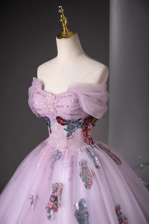 Elegant Lilac Beading Sequins Lace Flower Prom Dresses 2025 Ball Gown Off-The-Shoulder Short Sleeve Backless Floor-Length / Long Prom Formal Dresses