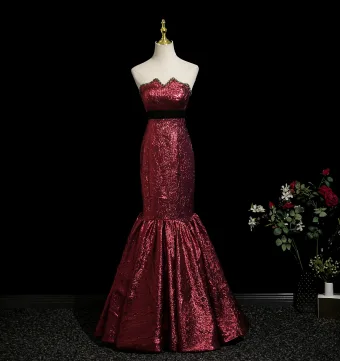 Sexy Bordeaux Glitter Robe De Bal 2025 Trompette Sirène Bustier Sans Manches Dos Nu Longue Soirée Robe De Ceremonie